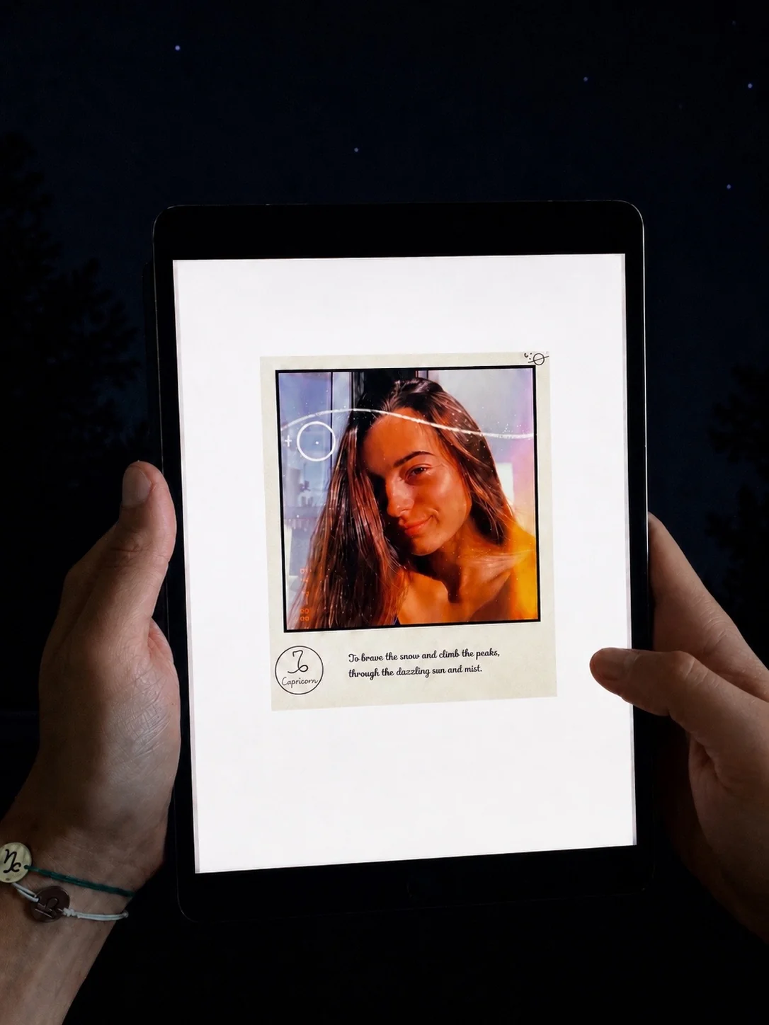 Polaroid page from the digital booklet on a tablet at night